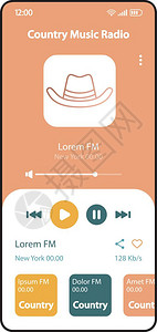 音乐电台智能手机界面矢量模板移动应用程序页面反向设计布局西部歌曲播放列表监听屏幕用于应程序的平板ui牛仔音乐播放器电话显示图片