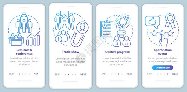 包含线概念的移动应用程序页面屏幕上的公司事件管理研讨会和议奖励方案欣赏活动指导介绍uxig矢量模板图片