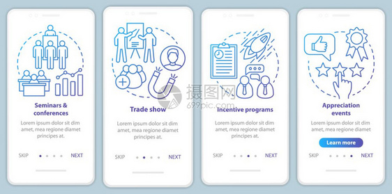 包含线概念的移动应用程序页面屏幕上的公司事件管理研讨会和议奖励方案欣赏活动指导介绍uxig矢量模板图片