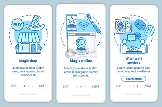 包含线概念的移动应用程序页面屏幕上的现代魔术巫服务通过步骤图形指示命运告诉uxi带有插图的gui矢量模板图片