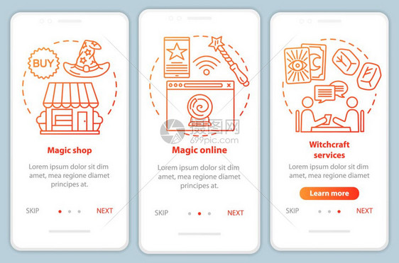 手机应用程序页面屏幕矢量模板上的现代魔术巫在线服务以插图通过网站步骤算命告诉uxig智能手机界面概念图片