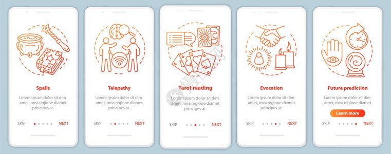 手机应用程序页面屏幕矢量模板上的魔法服务心电感应塔罗特阅读带线插图的漫步式网站骤uxig智能手机界面概念图片