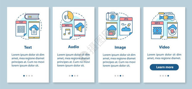 包含线概念的移动应用程序页面屏幕上的数字图书馆内容音频图像视媒体类型4的视频媒体横穿步骤图形指示uxi带有插图的gui矢量模板图片