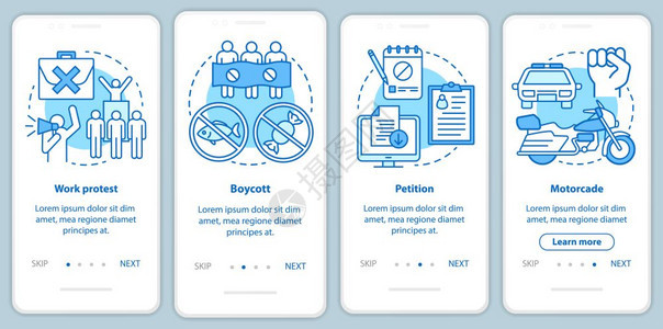 带有线概念的移动应用程序页面屏幕上的公众抗议抵制和社交演示通过步骤图形指示uxi带有插图的gui矢量模板背景图片