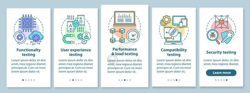 具有线概念的移动应用程序页面屏幕上安装软件测试它的产业计算机程序开发通过步骤的图形教学uxi带插图的gui矢量模板图片