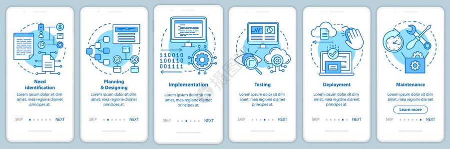 安装移动应用程序页面屏幕矢量模板的移动应用程序软件开发阶段计算机程序创建带有线插图的漫步式网站骤uxigsmartphone界面图片