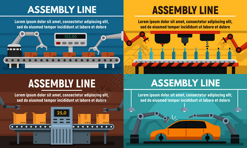 装配线条横幅组装矢量平面插图图片
