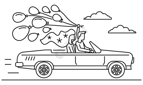 守着黑白无常的幽灵黑白开着跑车度蜜月的情侣插画