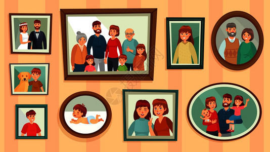 卡通家庭照片墙扁平风卡通矢量插画图片