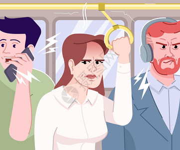 乘客在公共交通中大声说话妇女头痛的卡通人物图片