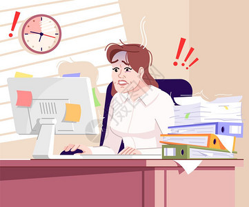 疲倦的办公室经理坐到桌后手忙脚累的漫画字符堆叠在桌子后面时间管理失败在计算机上工作的女商人受挫背景图片