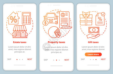 我们的税种是红色在手机应用程序页面屏幕矢量模板上注册财产礼品税带线插图的单步浏览网站骤uxig智能手机界面概念图片