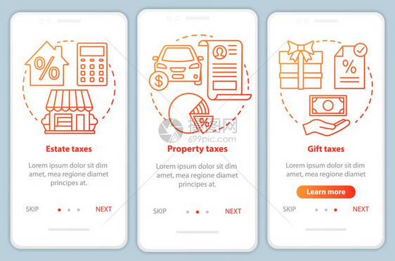我们的税种是红色在手机应用程序页面屏幕矢量模板上注册财产礼品税带线插图的单步浏览网站骤uxig智能手机界面概念图片