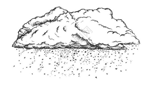 雪和天气雕刻概念模板用旧式黑白插图绘制云与落下的雪花单色矢量插画