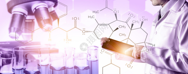 研发概念科学和医实验室仪器显微镜用于生物学的试验管和玻璃瓶以及用于医学研究的实验室化学双重接触图像图片