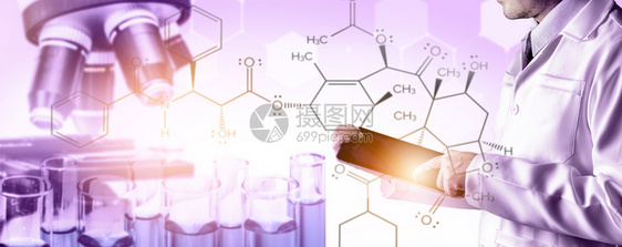 研发概念科学和医实验室仪器显微镜用于生物学的试验管和玻璃瓶以及用于医学研究的实验室化学双重接触图像图片