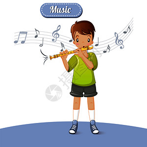 黑色 家吹长笛的男孩插画设计图片
