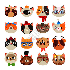 彩色政党眼镜孤立的卡通矢量图标可爱猫头巾戴帽子的家庭猫脸围巾插画