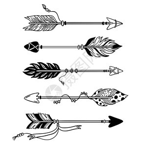 手画羽箭指针上部落羽毛和装饰boh弓上的部落羽毛印度箭头土著阿兹特克人或长颈纹图画孤立的矢量符号族裔箭指针上部落羽毛和装饰boh图片