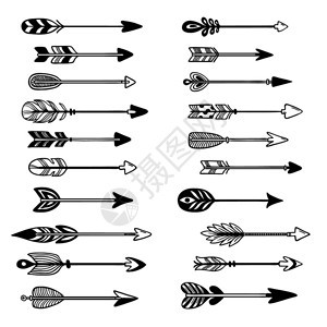 aztec箭头装饰配有羽毛的首弓箭臀部图形指针和落箭头手绘制印地安射箭狩猎草图土生文化箭头配有塔托矢量孤立符号甲兹特克箭头装饰弓图片