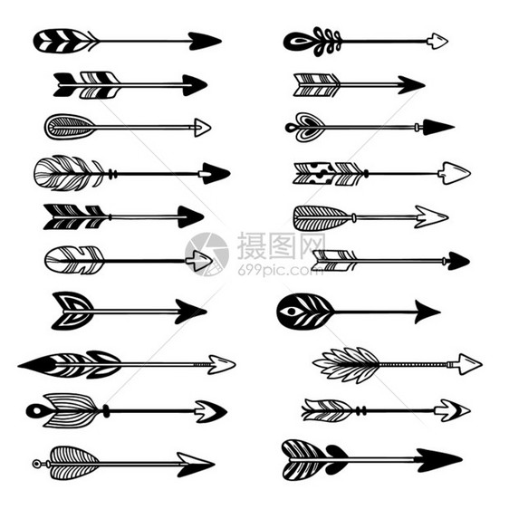 aztec箭头装饰配有羽毛的首弓箭臀部图形指针和落箭头手绘制印地安射箭狩猎草图土生文化箭头配有塔托矢量孤立符号甲兹特克箭头装饰弓图片