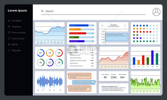 仪表板进度栏以u报告图表和界面为分析数据图表提供资金用于网络应程序矢量信息图的简单统计数据模拟仪表板以报告图表和界面为分析数据图图片