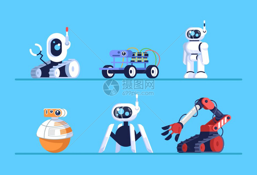 机器人平板矢量插图轮子上的机器人双腿智能系统机器人技术架子上的玩具人工智能机制卡通电子玩具图片