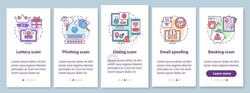 包含线概念的移动应用程序页面屏幕上的骗局类型5个步进图形指令彩票网络钓鱼骗局emailspofinguxi带有插图的gui矢量模图片