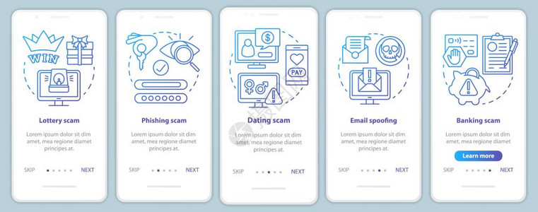 安装移动应用程序页面屏幕矢量模板的骗局类型带线插图通过网站步骤彩票骗局uxigsmartphone界面概念图片