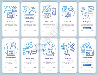 安装移动应用程序页面屏幕矢量模板的骗局类型以线插图通过网站步骤旅行银诈骗emailspofinguxigsmartphone界面图片