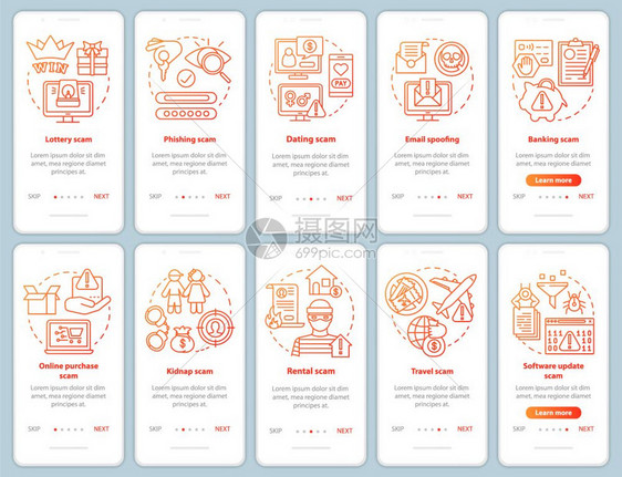 移动应用程序页面屏幕矢量模板上的骗局类型电子邮件pofing走过带有线插图的网站步骤旅行银诈骗uxig智能手机界面概念图片