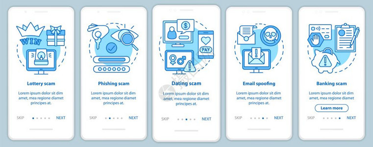 包含线概念的移动应用程序页面屏幕上的骗取类型5个走过步骤图形指示彩票约会骗局emailspofinguxi带插图的gui矢量模板图片