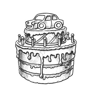 黑白插图绘制生日蛋糕用汽车反光矢量装饰图片