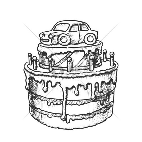 黑白插图绘制生日蛋糕用汽车反光矢量装饰图片