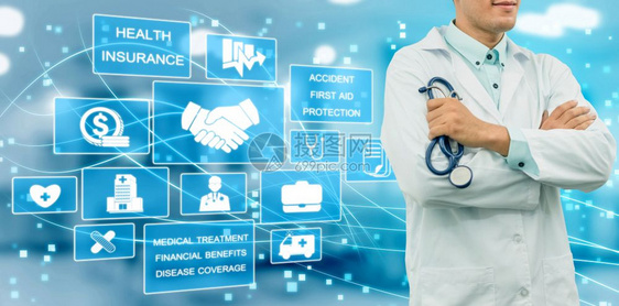 健康保险概念 -医院生与健康保险有关的图标形界面,显示保健人员、货币规划风险管理和保险福利。图片