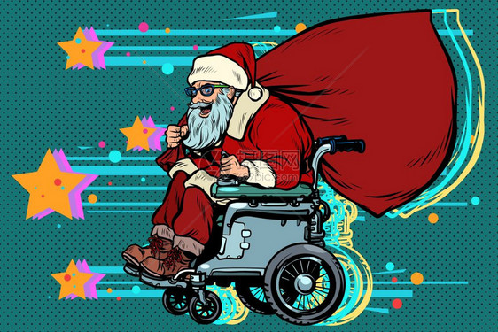 santclus是一个活跃的轮椅使用者残疾圣诞节和新年流行艺术回放矢量插图夹50年代6图片
