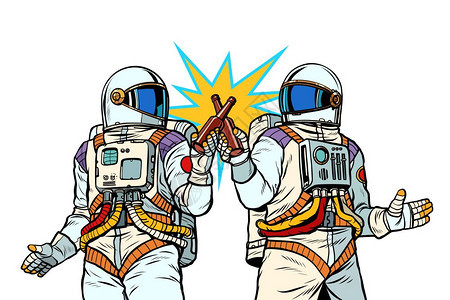 复古两位宇航员喝啤酒矢量插画图片