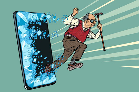 退休老人电话智能手机在线互联网应用服务方案流行艺术复式矢量图绘制老式套装手机图片