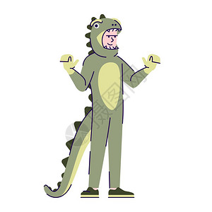 于民身着恐龙装的男子扮成一副的平板矢量插图卡通人物带有白色背景上