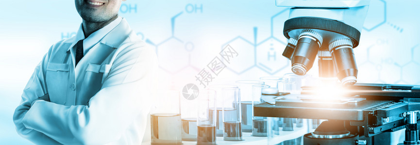 研发概念科学和医实验室仪器显微镜用于生物学的试验管和玻璃瓶以及用于医学研究的实验室化学双重接触图像图片