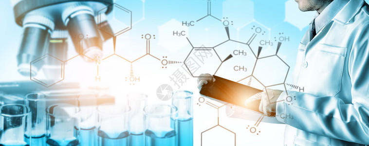 研发概念科学和医实验室仪器显微镜用于生物学的试验管和玻璃瓶以及用于医学研究的实验室化学双重接触图像图片