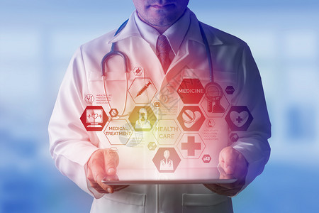 医疗保健概念医院生带有疗图标现代接口显示药品创新医疗急诊服务博士数据和病人健康等符号图片