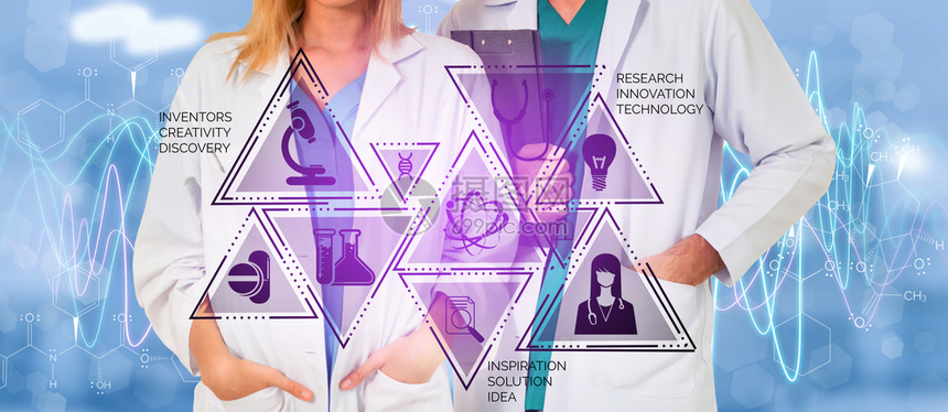 医疗保健研究与发展概念医院实验室具有科学保健研究图标的医生显示疗护理技术创新医学发现和保健数据的象征图片