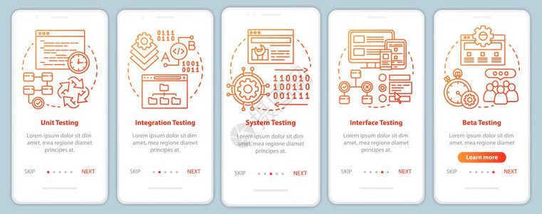 功能软件测试手机应用程序页面屏幕矢量模板上橙色的移动应用程序上橙色检测progam分析带有线插图的步行式网站骤uxig智能手机界图片