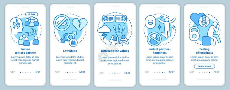 上载带有线概念的移动应用程序页面屏幕上的不快乐关系未能闭伴侣通过步骤的图形指示uxi带有插图的gui矢量模板图片