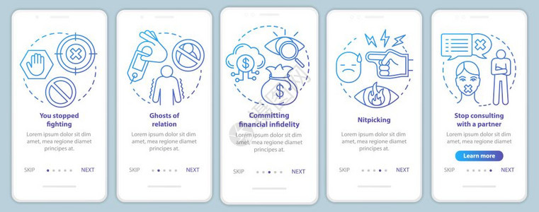 使用线概念的移动应用程序页面屏幕上出现麻烦的关系硝化挑拣问题横跨步骤图形指示uxi带有插图的gui矢量模板图片