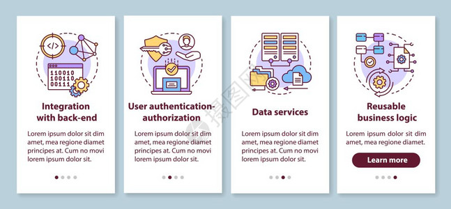 包含线概念的移动应用程序屏幕上的移动应用程序页面屏幕上开发软件与后端横行四步图形指示集成uxig矢量模板加上插图图片