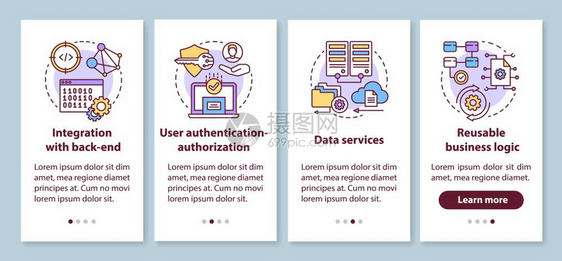 包含线概念的移动应用程序屏幕上的移动应用程序页面屏幕上开发软件与后端横行四步图形指示集成uxig矢量模板加上插图图片