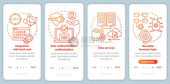 安装移动应用程序页面屏幕矢量模板的软件开发应用程序编带有线插图的步行式网站骤uxigsmartphone界面概念图片