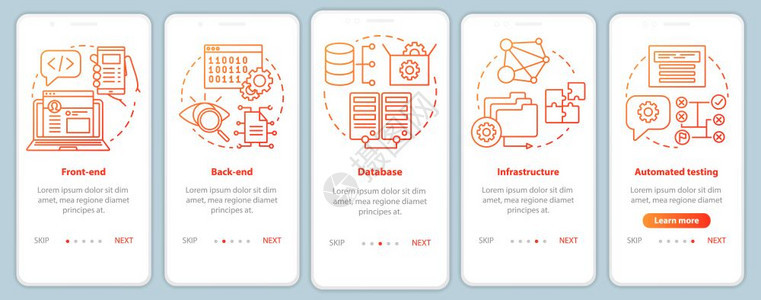 前端后开发上载移动应用程序页面屏幕矢量模板应用程序编带有线插图的行进网站步骤uxig智能手机界面概念背景图片